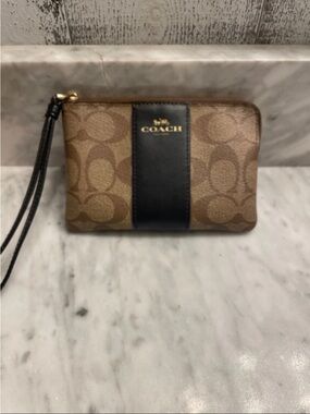 Coach Brown Signature Canvas Wristlet with Black Center Panel